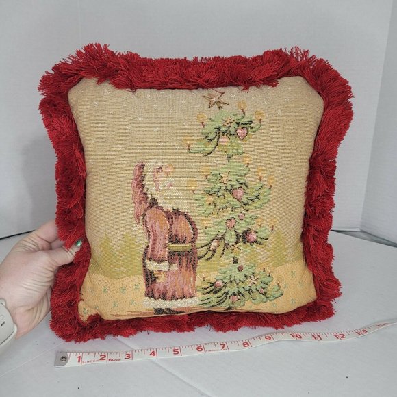 Needlepoint Santa At Christmas Tree  Pillow Holiday Vtg Fringe - Picture 1 of 3